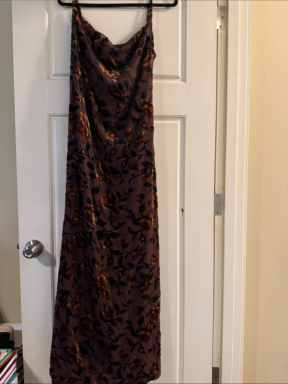 Lulu's Strapless Brown Velvet Floral Maxi Dress with Rust Blooms - Picture 6 of 7
